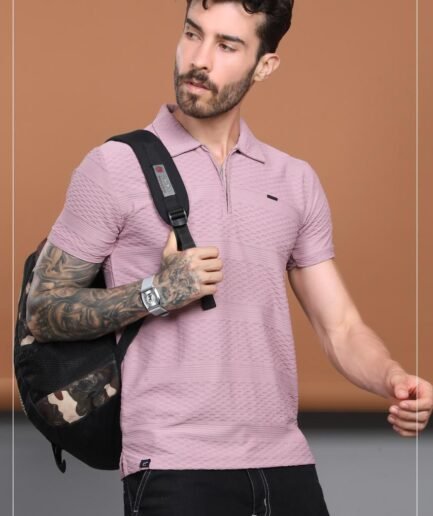 Trendy textured zipper polo shirt in dusty mauve. Perfect for a smart-casual look with unmatched comfort.